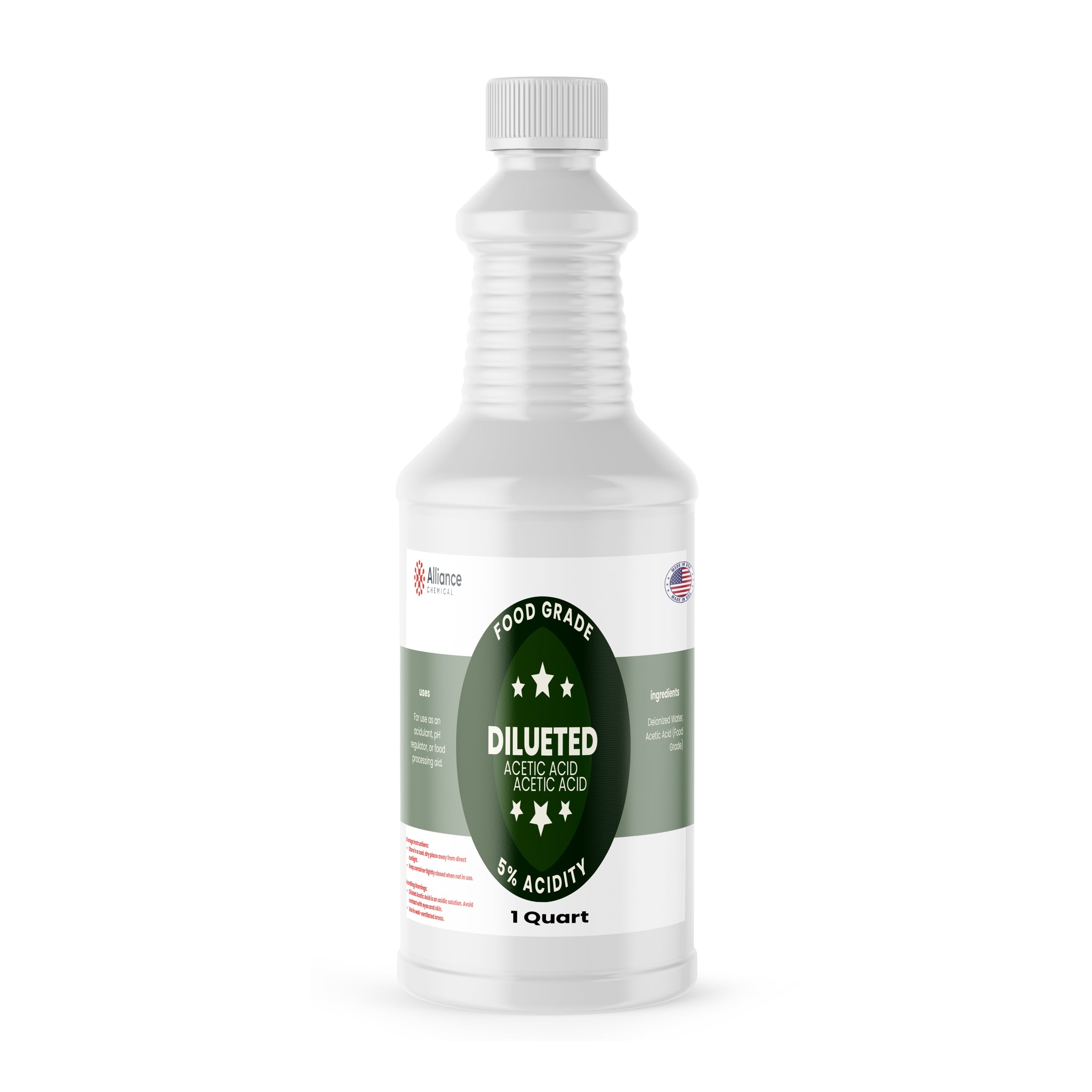 Alliance Chemical 5% diluted acetic acid food grade in clear 1 quart plastic bottle with white cap